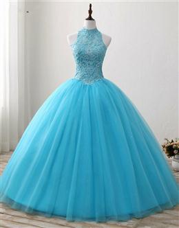 Picture of Gorgeous Blue Tulle Ball Gown Lace Top Sweet 16 Dresses, Blue Quinceanera Dresses